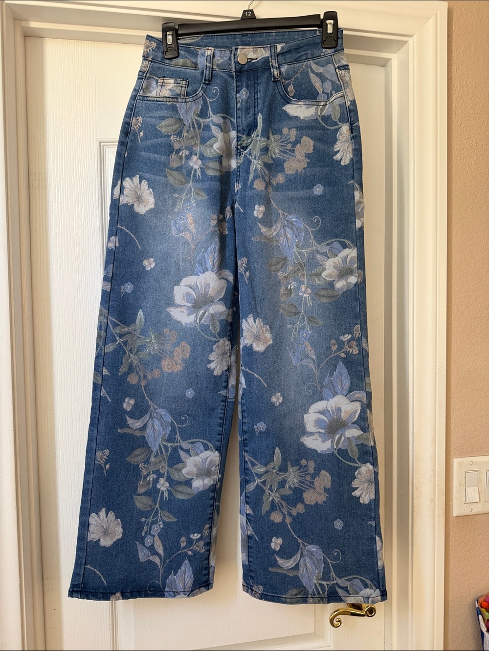 Floral Wide-Leg Denim Jeans - Blue